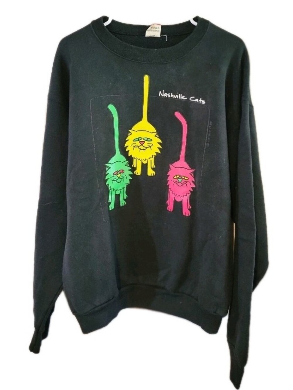 Vintage 80s 1989 Nashville Cats Colorful Black Sweatshirt Fruit Of The Loom XL